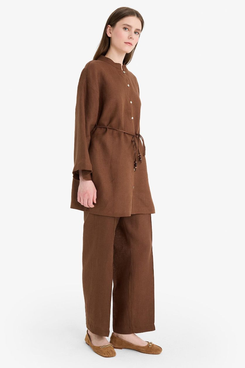 WOMAN Brown Straight Fit Elastic Waist Pocketed Linen Trousers