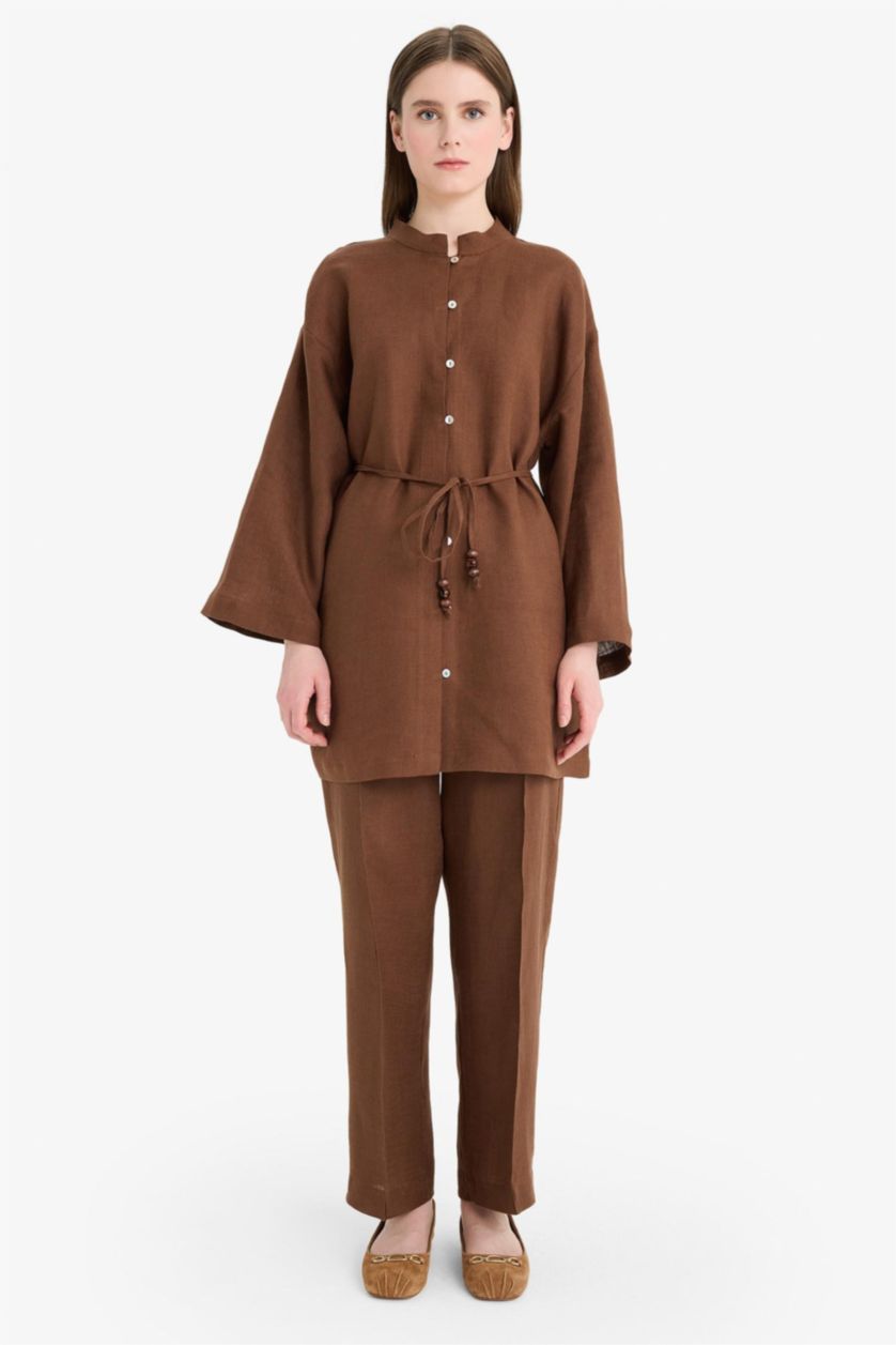 WOMAN Brown Straight Fit Elastic Waist Pocketed Linen Trousers