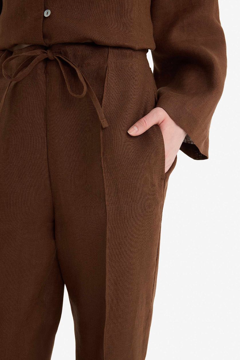 WOMAN Brown Straight Fit Elastic Waist Pocketed Linen Trousers