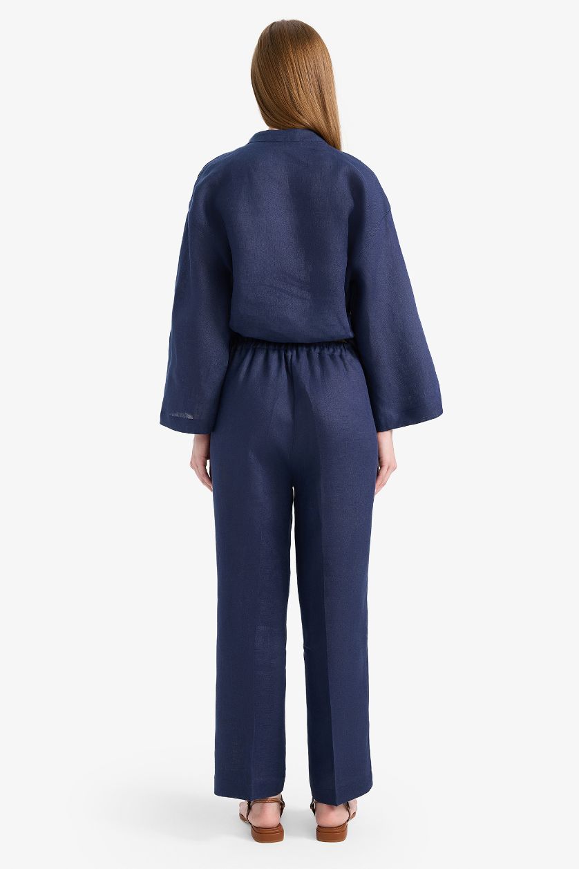 نساء كحلي بنطرون كتان قصة مستقيمة