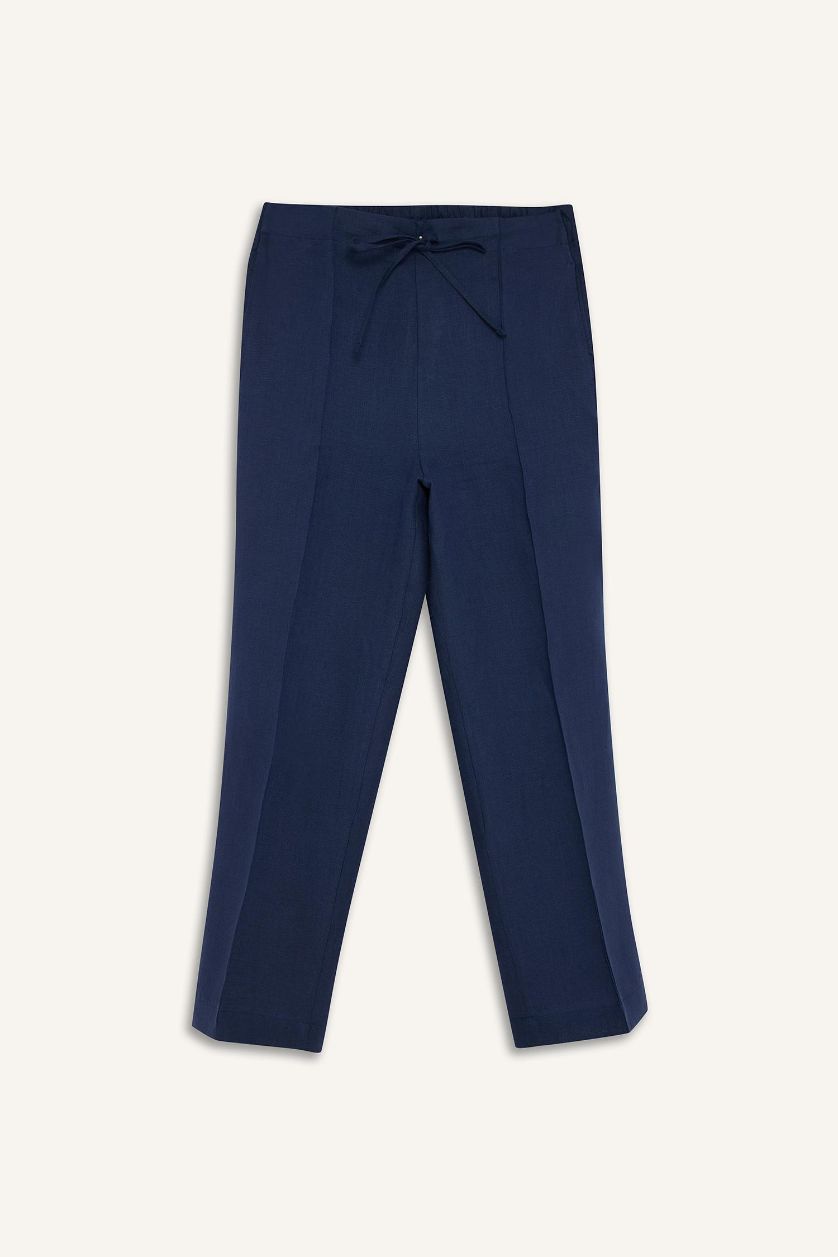 نساء كحلي بنطرون كتان قصة مستقيمة