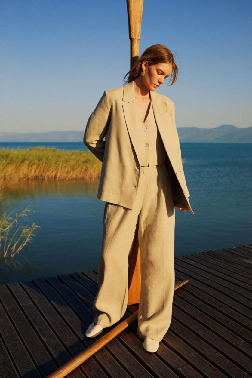 Kadın Bej Straıght Fıt Keten Pantolon