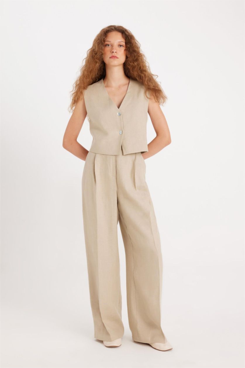 Kadın Bej Straıght Fıt Keten Pantolon