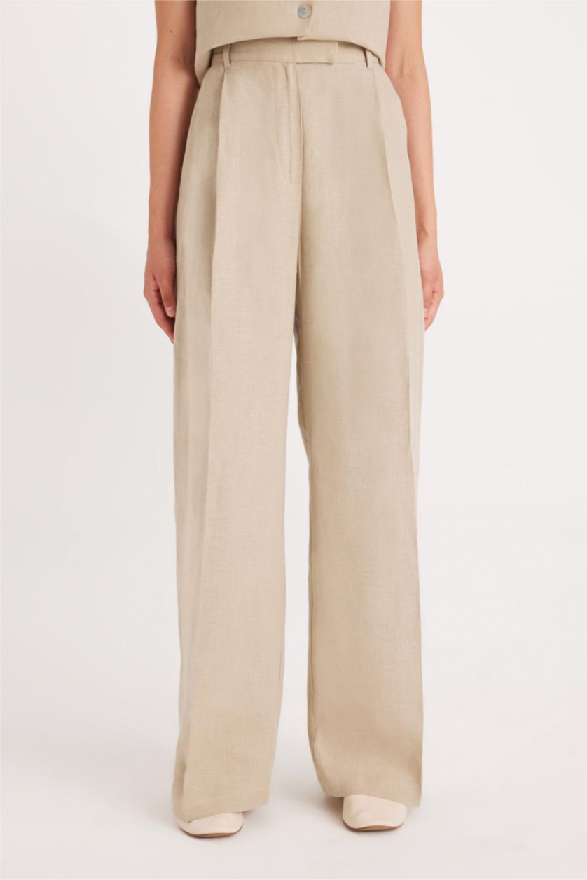 Kadın Bej Straıght Fıt Keten Pantolon