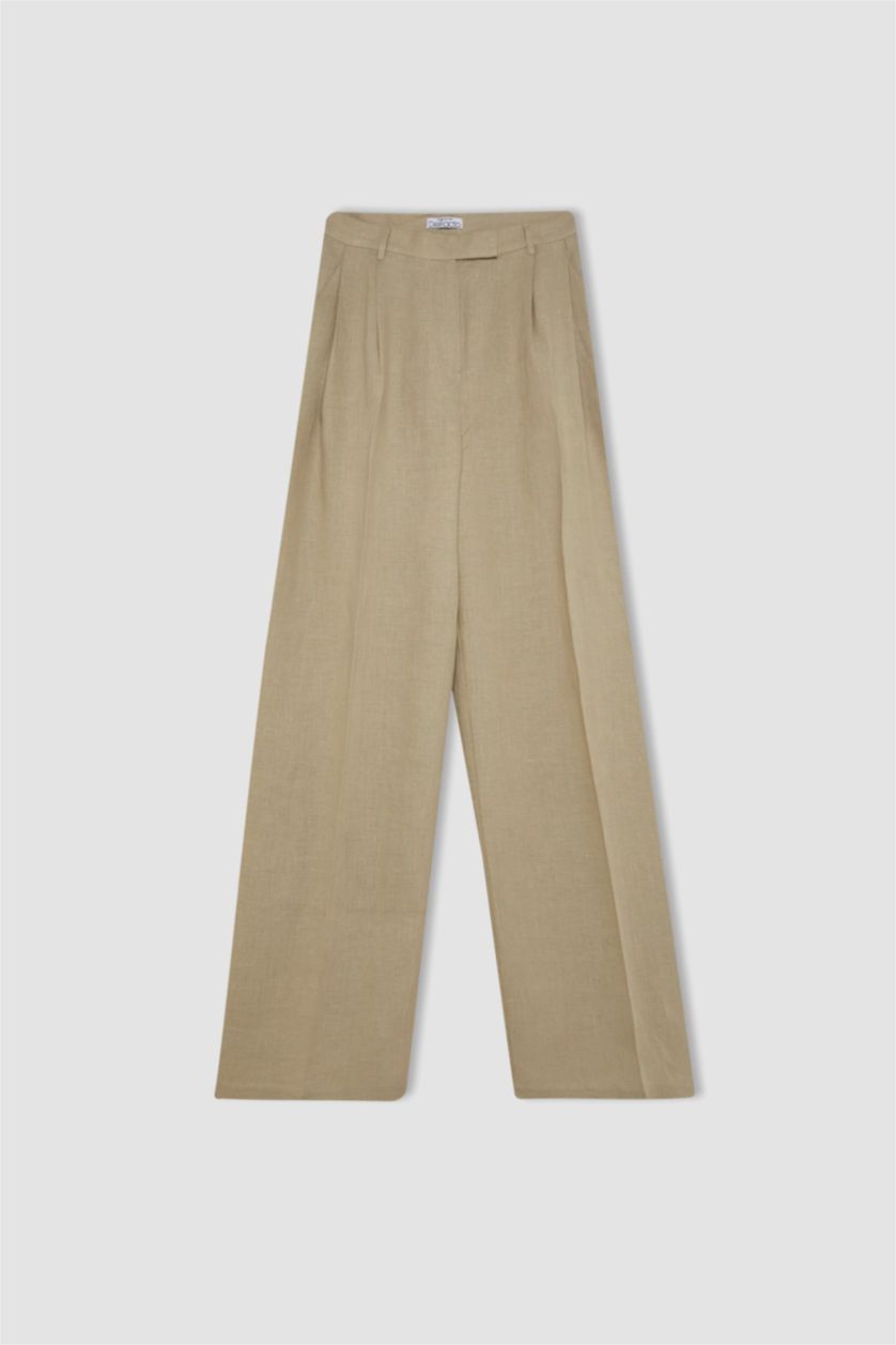 Kadın Bej Straıght Fıt Keten Pantolon