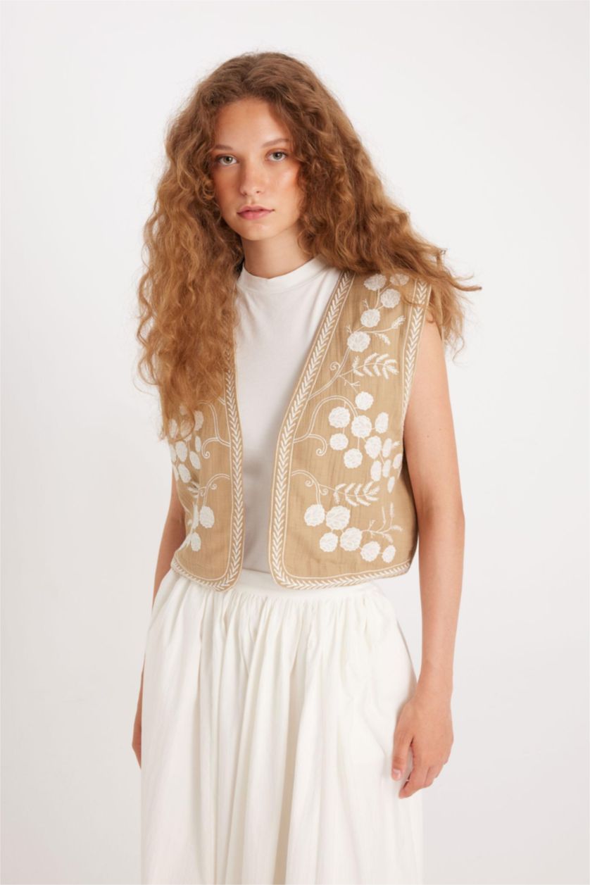 Kadın Vizon Manuka x DeFacto V Yaka İşlemeli Müslin Yelek