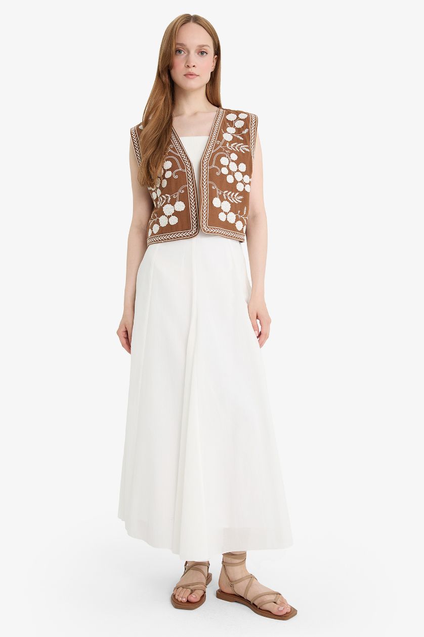 Kadın Açık Kahve V Yaka Desenli Müslin Yelek