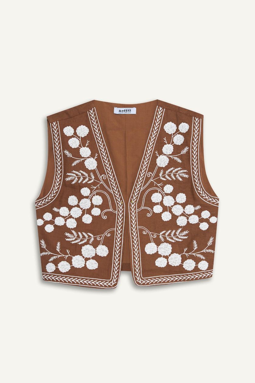 Kadın Açık Kahve V Yaka Desenli Müslin Yelek