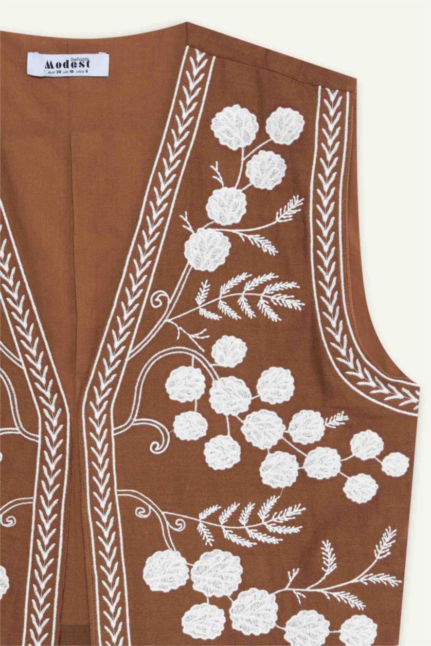 Kadın Açık Kahve V Yaka Desenli Müslin Yelek