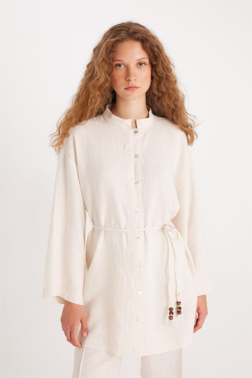 Kadın Ekru Manuka x DeFacto Keten Uzun Kollu Basic Düz Tunik