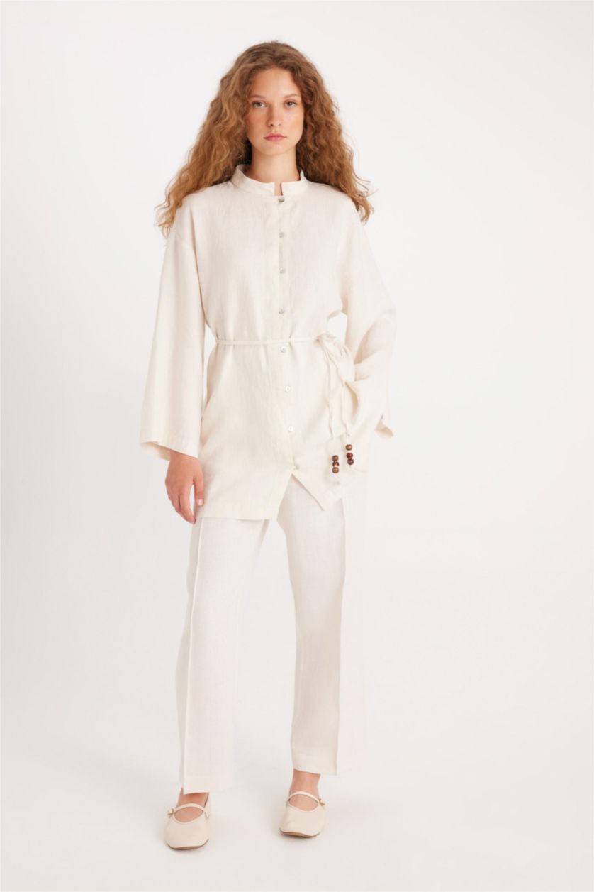 Kadın Ekru Manuka x DeFacto Keten Uzun Kollu Basic Düz Tunik