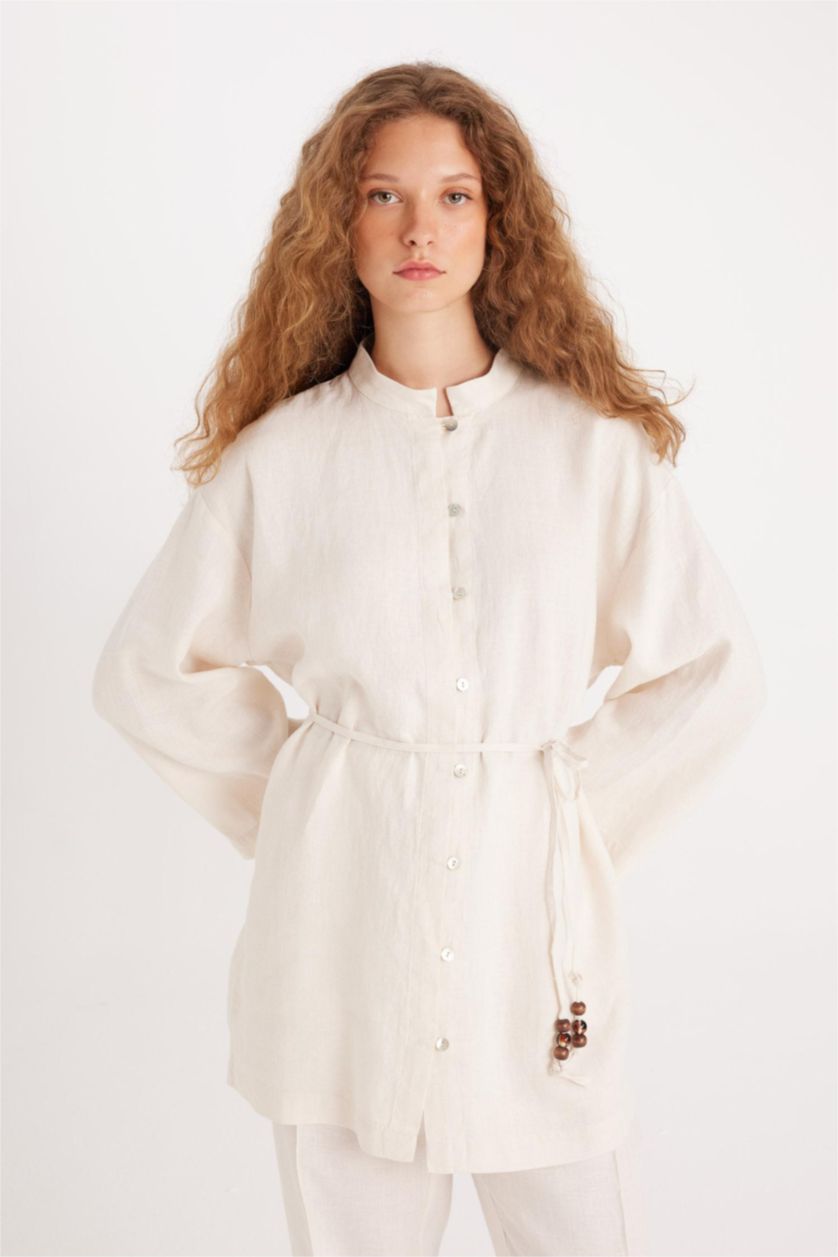 Kadın Ekru Manuka x DeFacto Keten Uzun Kollu Basic Düz Tunik