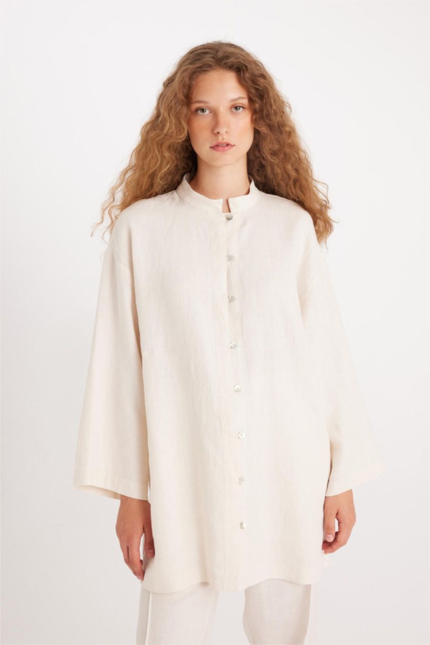 Kadın Ekru Manuka x DeFacto Keten Uzun Kollu Basic Düz Tunik