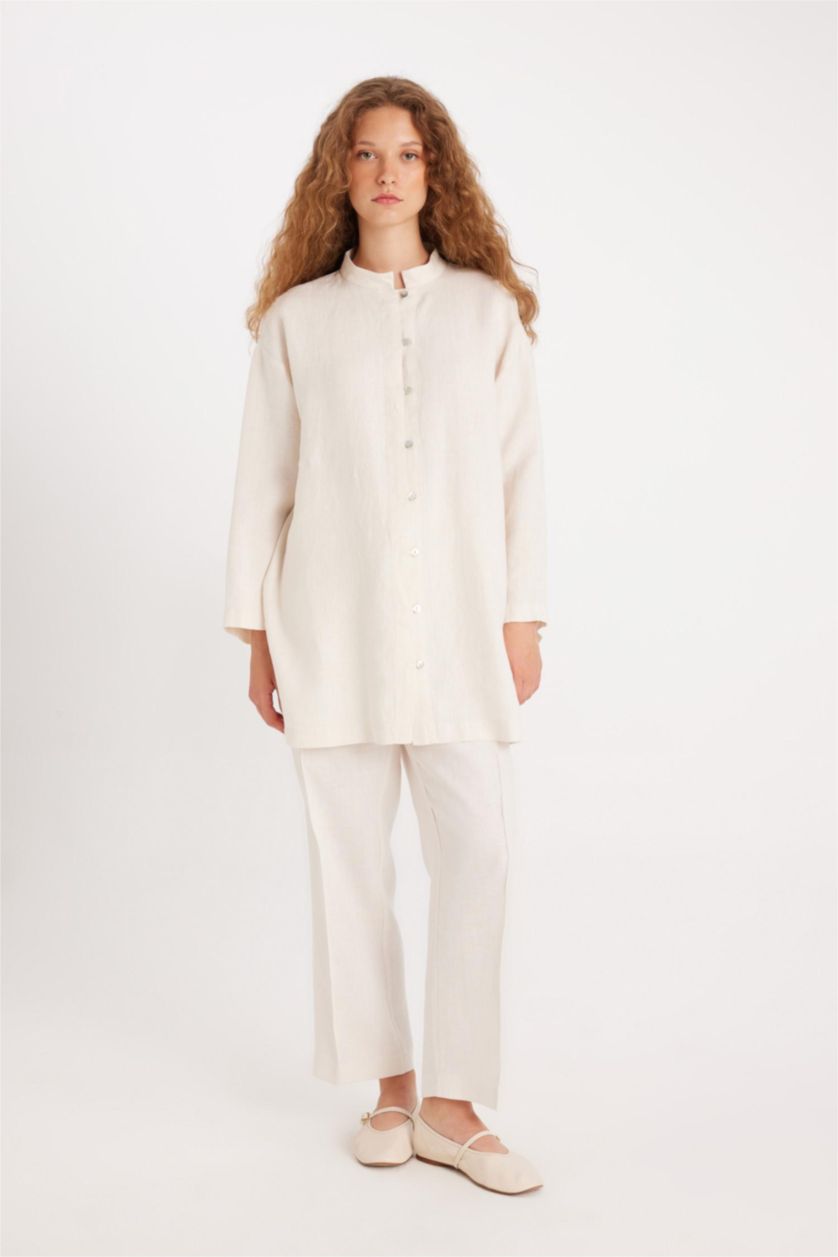 Kadın Ekru Manuka x DeFacto Keten Uzun Kollu Basic Düz Tunik