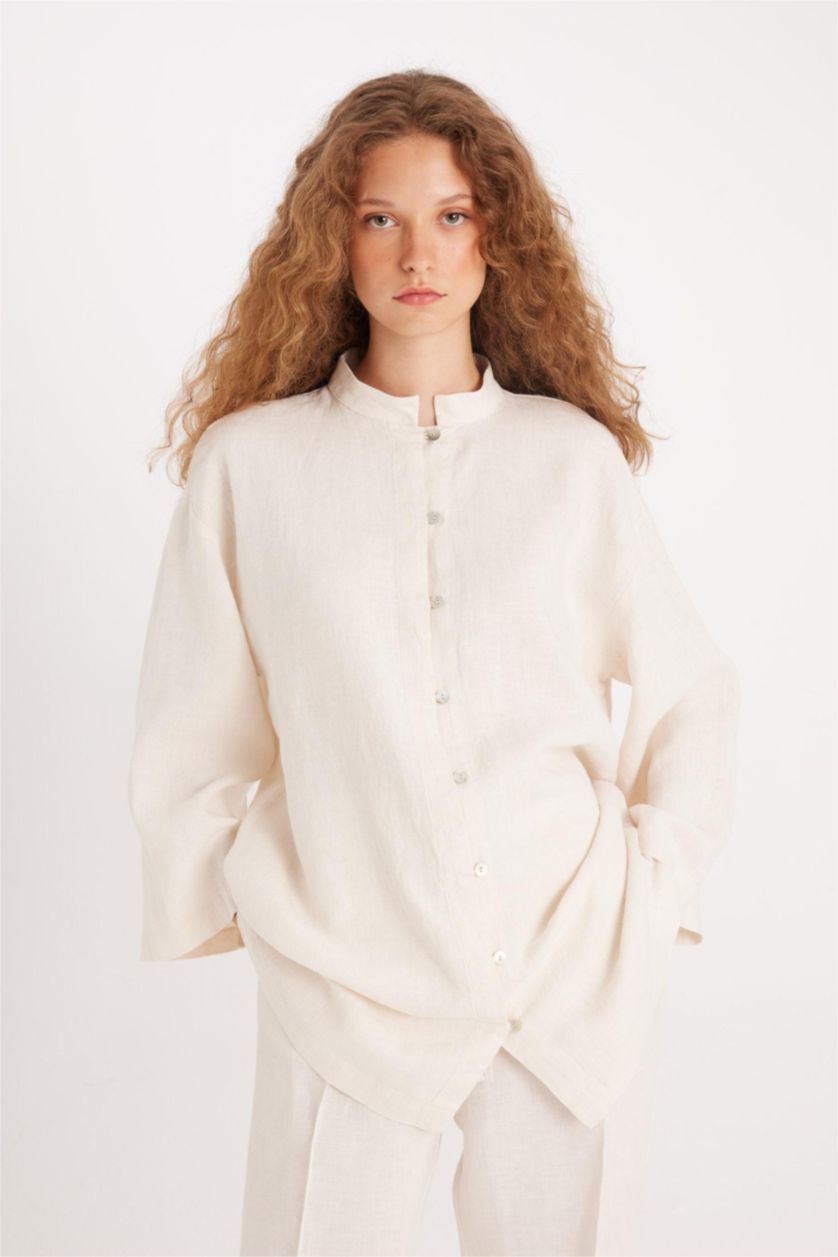 Kadın Ekru Manuka x DeFacto Keten Uzun Kollu Basic Düz Tunik