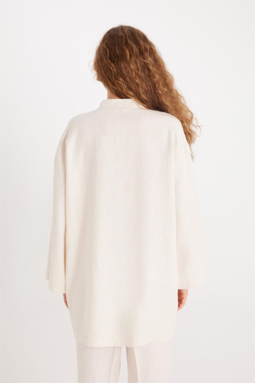 Kadın Ekru Manuka x DeFacto Keten Uzun Kollu Basic Düz Tunik