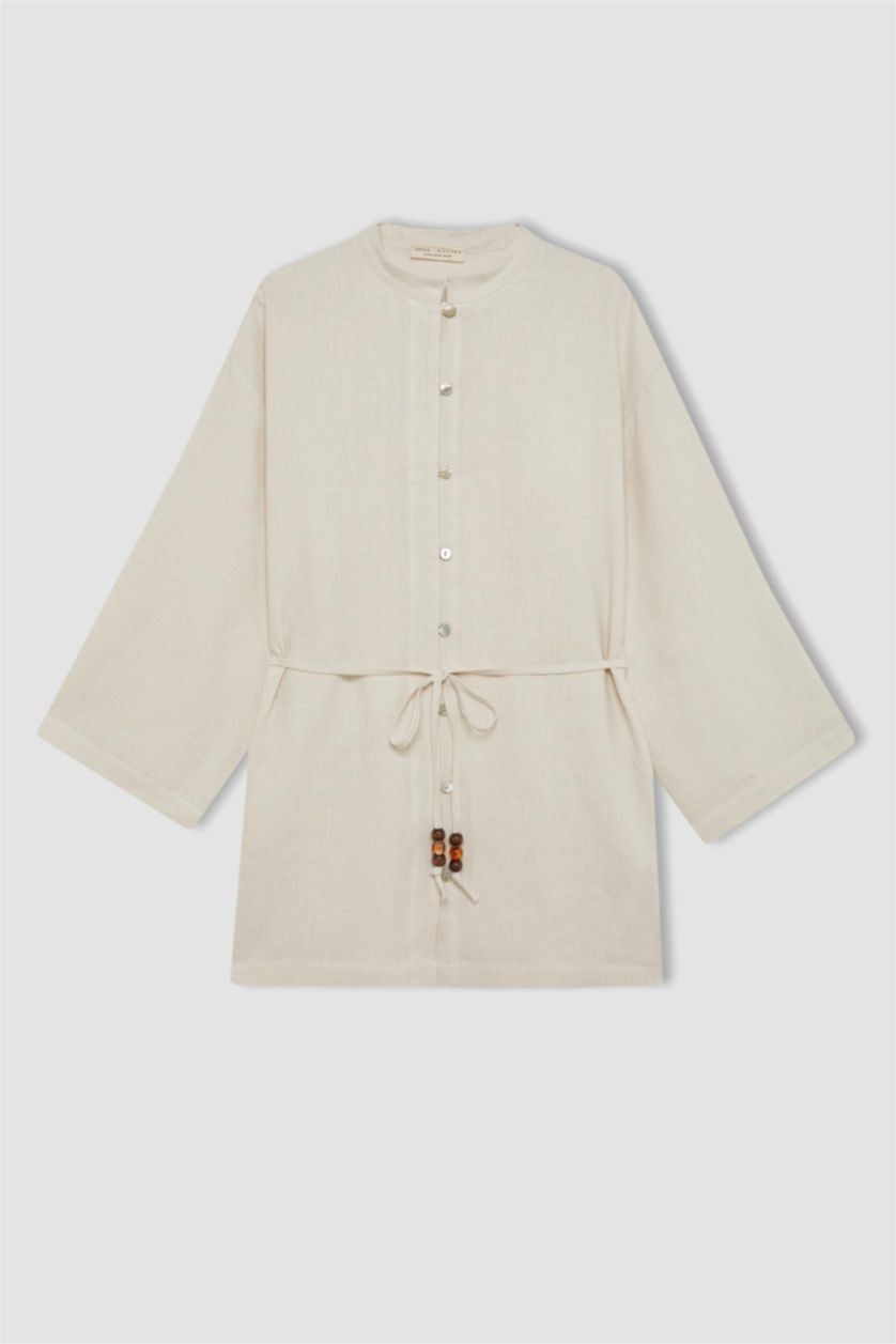 Kadın Ekru Manuka x DeFacto Keten Uzun Kollu Basic Düz Tunik