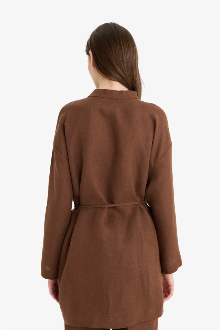 حريمي بني تونيك كتان محجبات قصة عادية كم طويل برباط