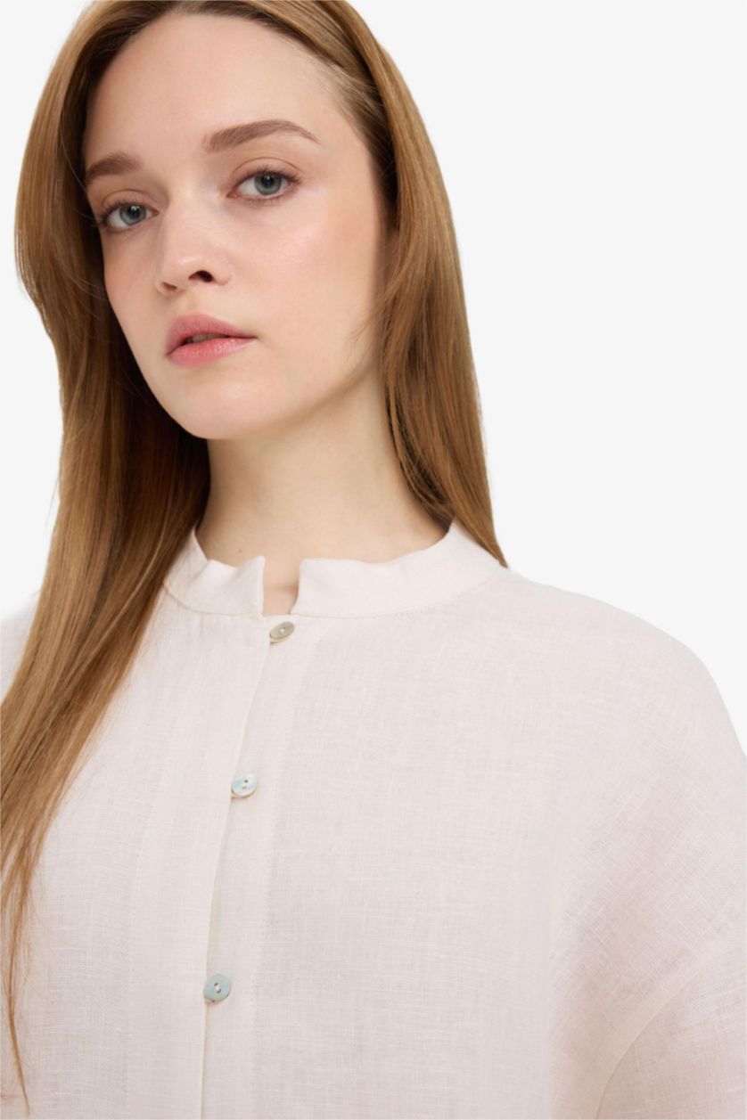 Kadın Açık Taş %100 Keten Regular Fit Bağcıklı Uzun Kollu Gömlek Tunik