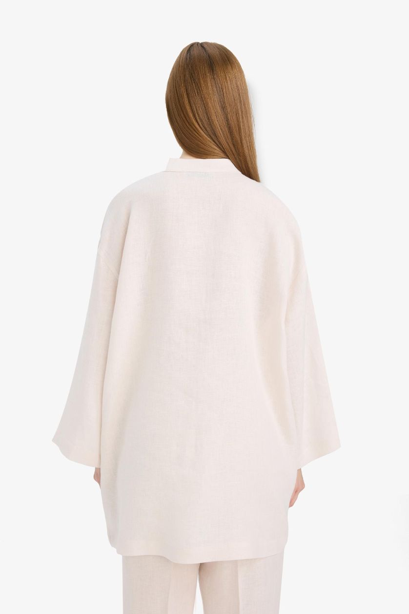 Kadın Açık Taş %100 Keten Regular Fit Bağcıklı Uzun Kollu Gömlek Tunik