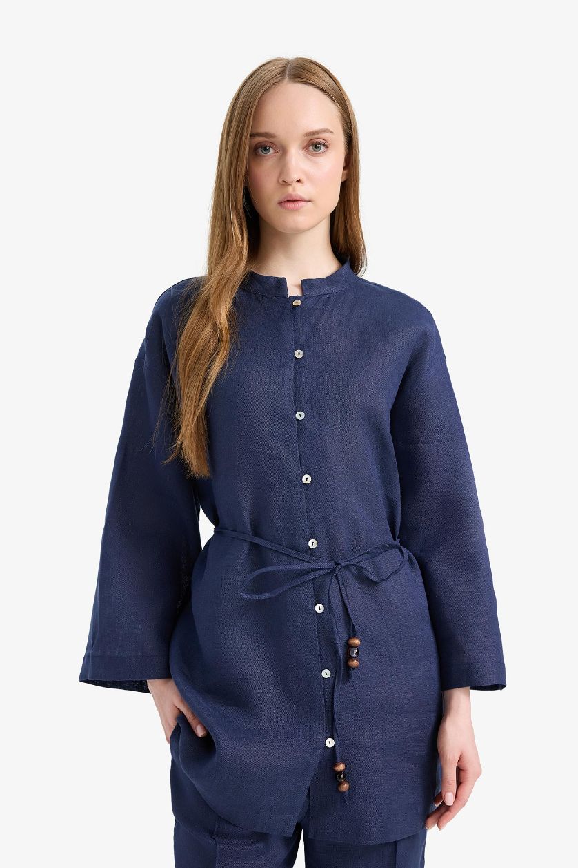 Kadın Lacivert %100 Keten Regular Fit Bağcıklı Uzun Kollu Tesettür Gömlek Tunik