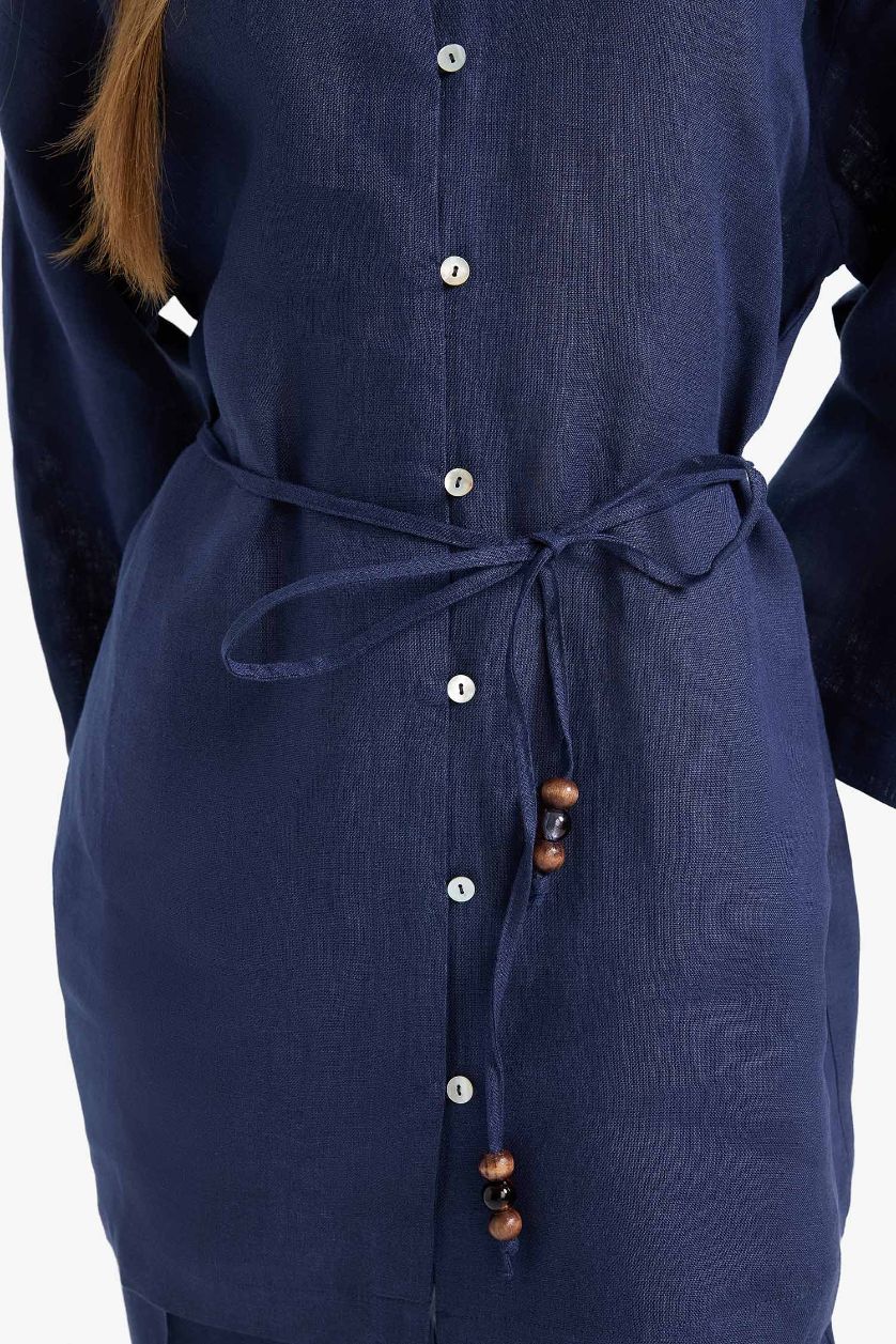 Kadın Lacivert %100 Keten Regular Fit Bağcıklı Uzun Kollu Tesettür Gömlek Tunik