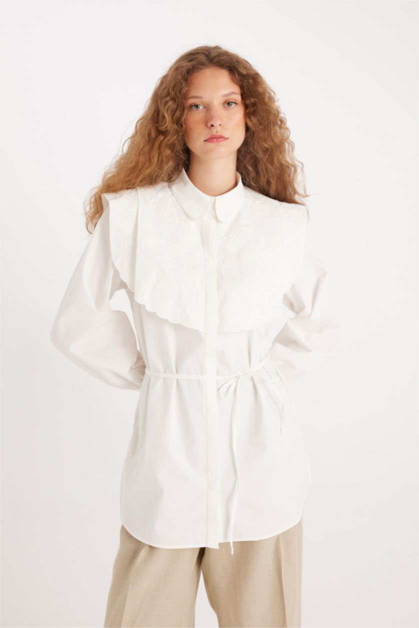 Kadın Beyaz Regular Fıt Poplin Uzun Kollu Tunik