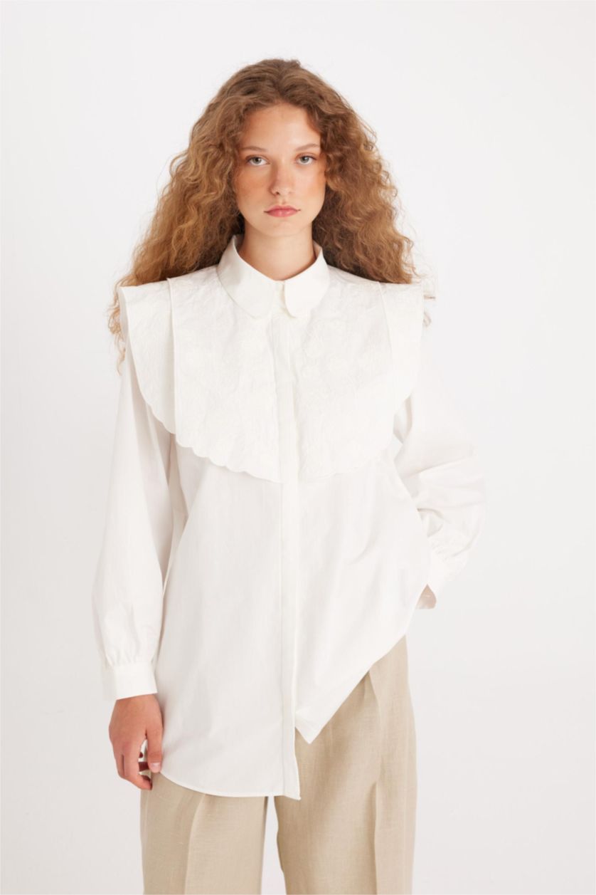 Kadın Beyaz Regular Fıt Poplin Uzun Kollu Tunik