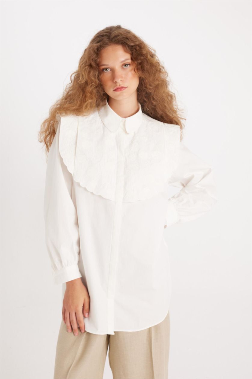 Kadın Beyaz Regular Fıt Poplin Uzun Kollu Tunik