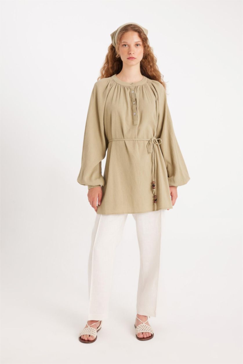 Kadın Haki Relax Fıt Müslin Uzun Kollu Tunik