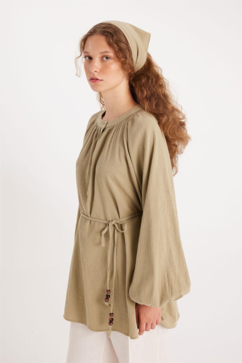 Kadın Haki Relax Fıt Müslin Uzun Kollu Tunik