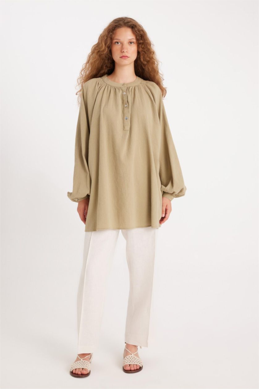 Kadın Haki Relax Fıt Müslin Uzun Kollu Tunik