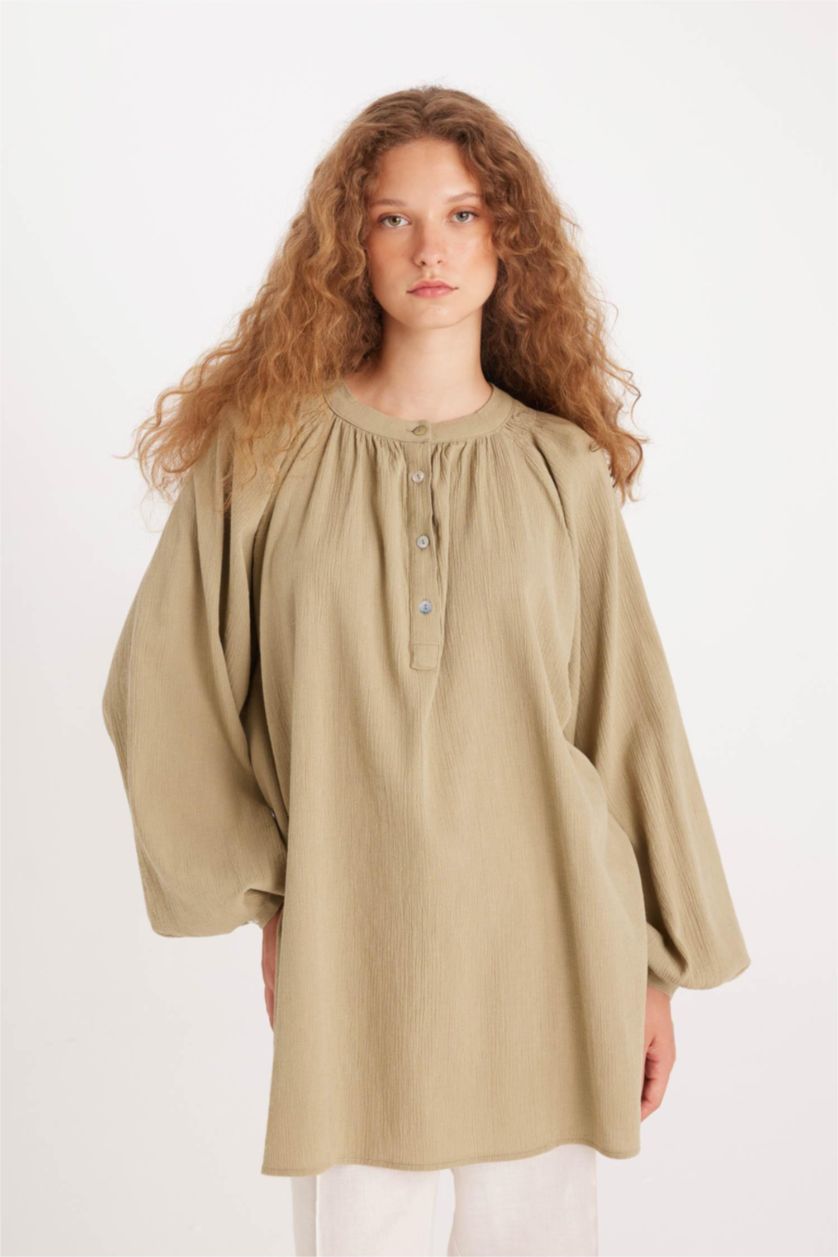 Kadın Haki Relax Fıt Müslin Uzun Kollu Tunik