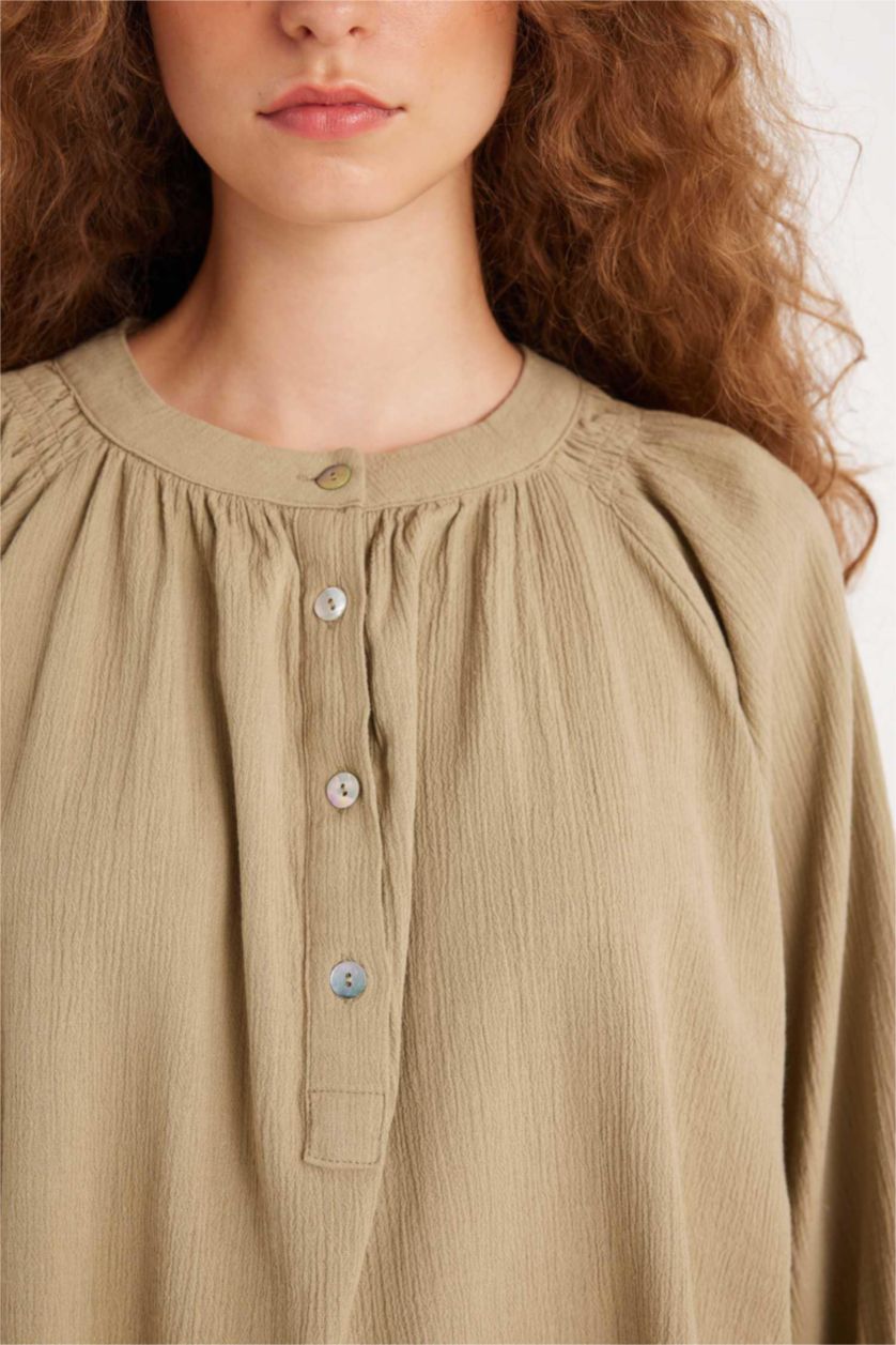 Kadın Haki Relax Fıt Müslin Uzun Kollu Tunik