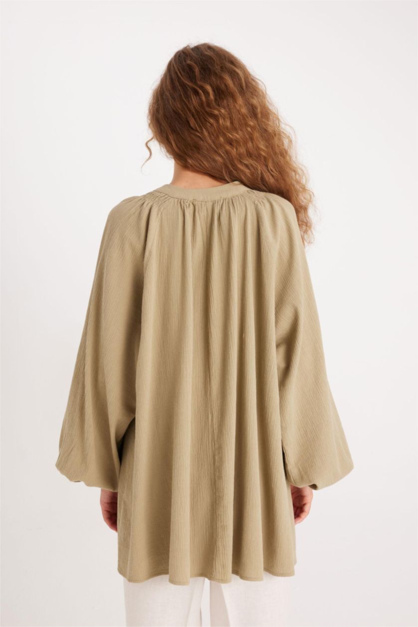 Kadın Haki Relax Fıt Müslin Uzun Kollu Tunik