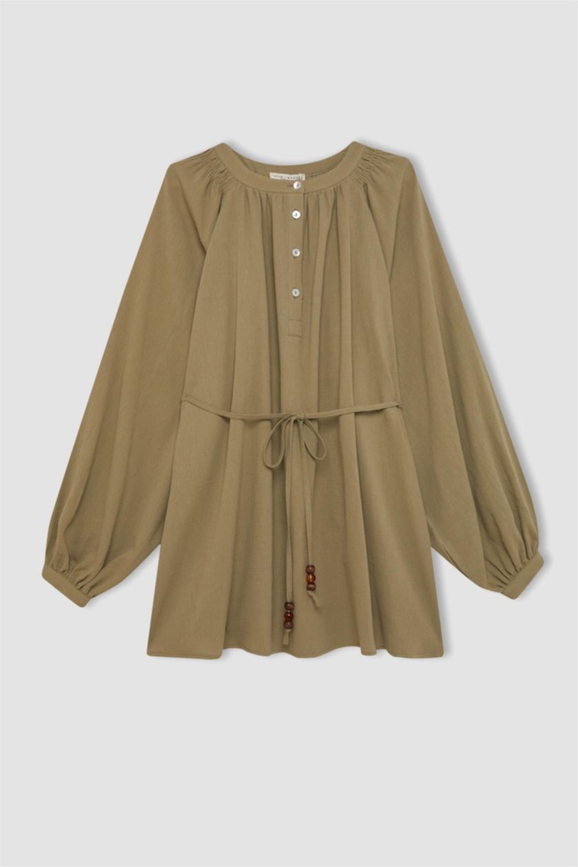 Kadın Haki Relax Fıt Müslin Uzun Kollu Tunik