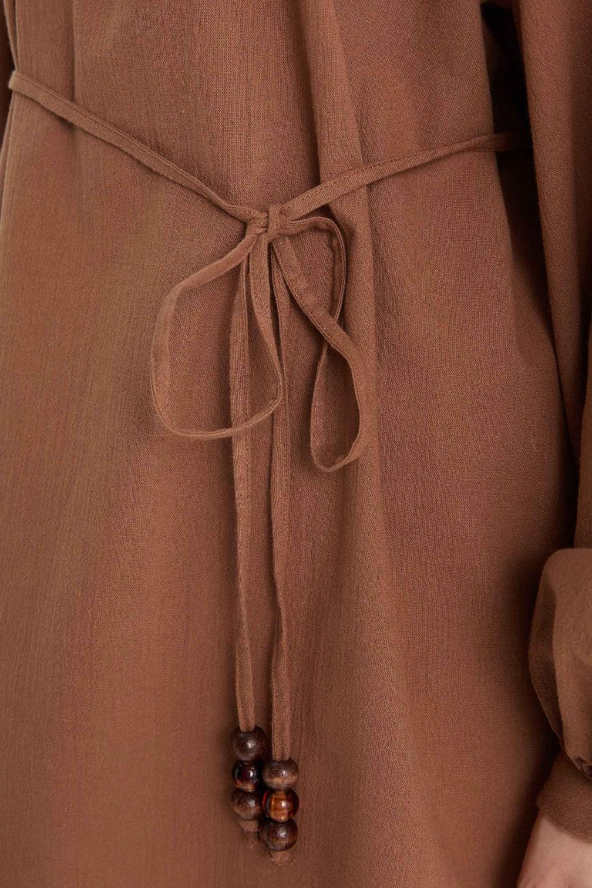 حريمي بني فاتح تونيك قميص بيزك موسلين كم طويل وقصة مريحة