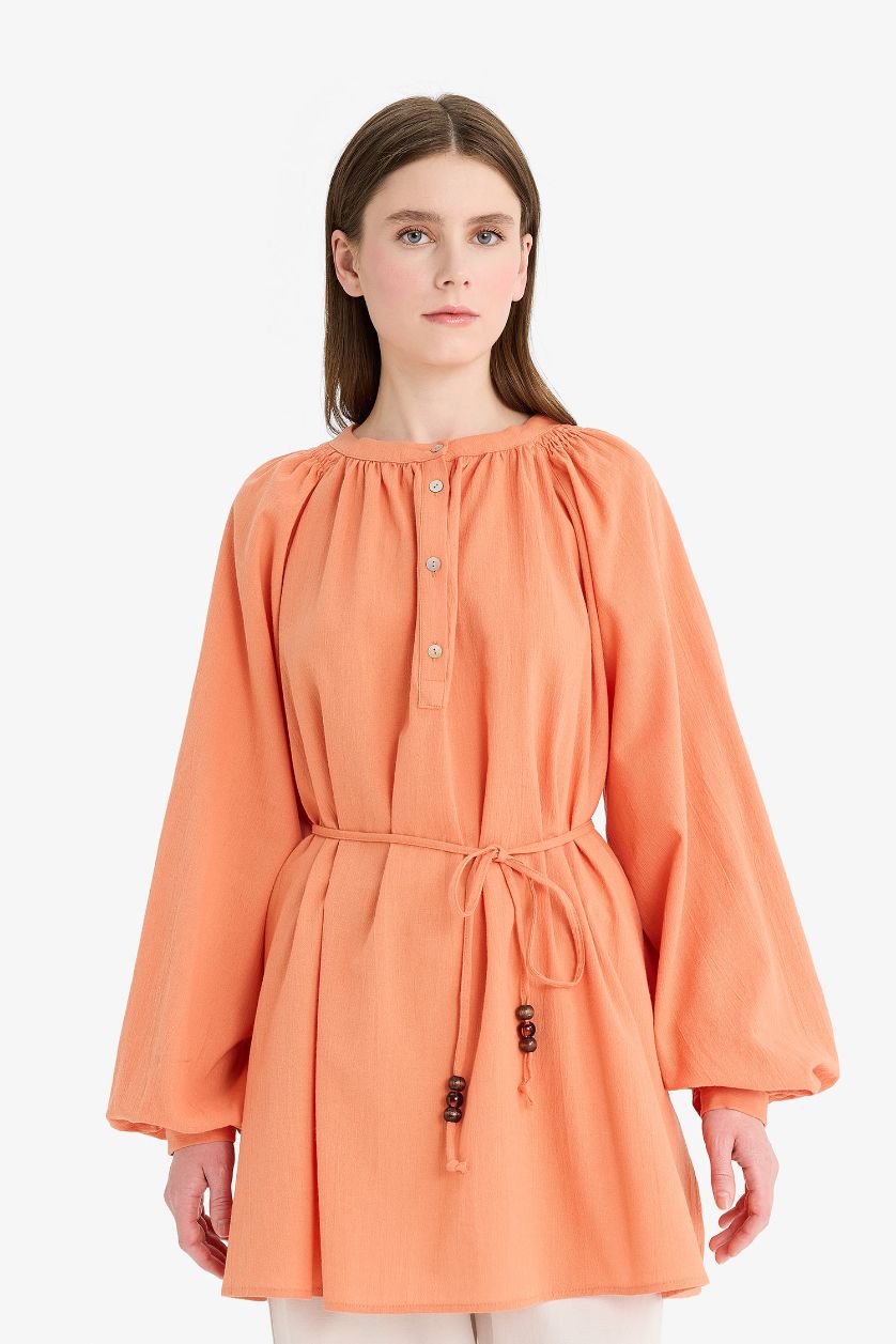 Kadın Somon %100 Pamuk Müslin Basıc Bağcıklı Tunik