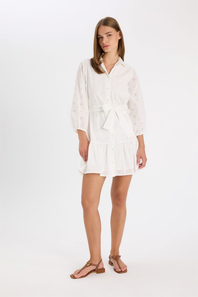 FEMME Blanc Mini Robe à Manches Longues et à Col de Chemise