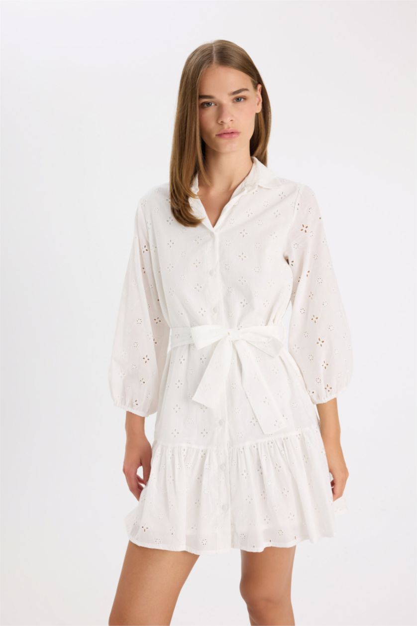 FEMME Blanc Mini Robe à Manches Longues et à Col de Chemise