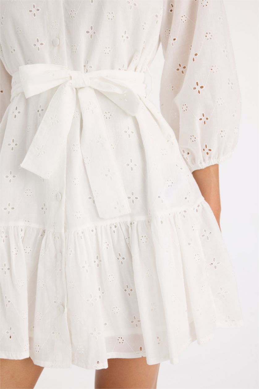 FEMME Blanc Mini Robe à Manches Longues et à Col de Chemise