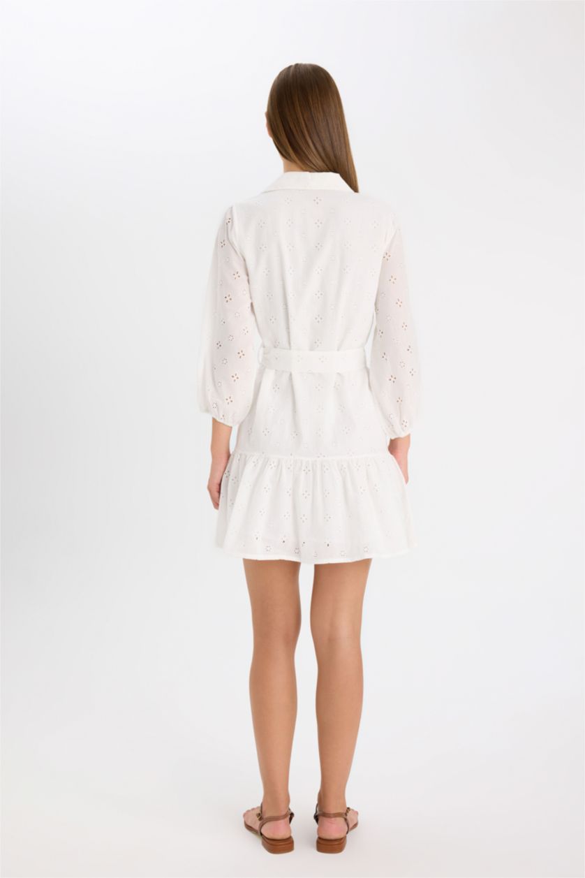 FEMME Blanc Mini Robe à Manches Longues et à Col de Chemise