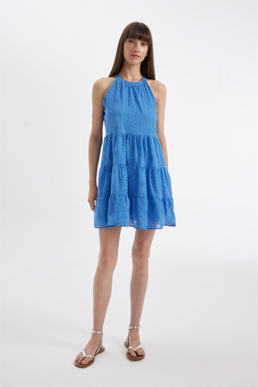 حريمي ملكي فاتح فستان ميدي فوال بدون كم بياقة هالتر