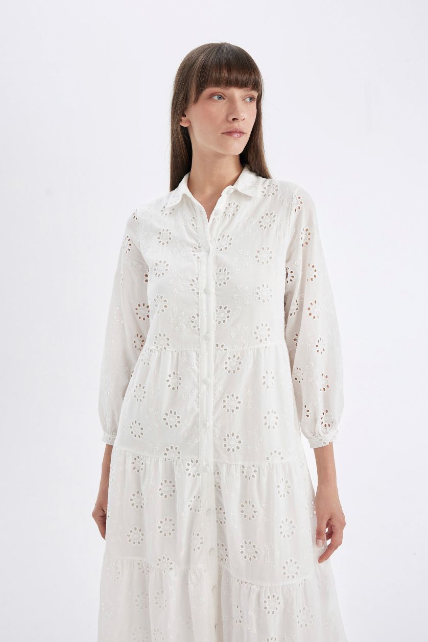 Kadın Kırık Beyaz Gömlek Yaka Vual  Brode Yarım Kol Maxi Beyaz Elbise
