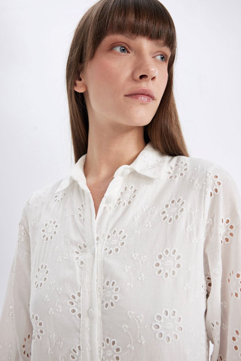 Kadın Kırık Beyaz Gömlek Yaka Vual  Brode Yarım Kol Maxi Beyaz Elbise