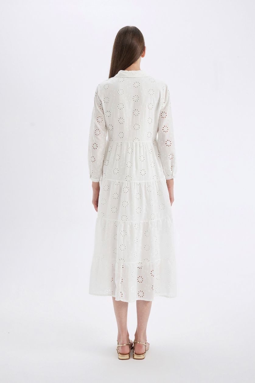 Kadın Kırık Beyaz Gömlek Yaka Vual  Brode Yarım Kol Maxi Beyaz Elbise