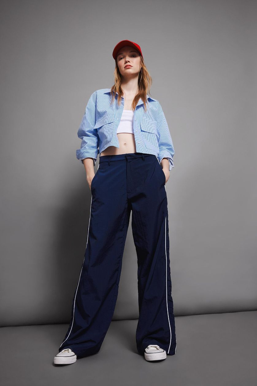 Kadın Lacivert Wide Leg Geniş Bol Paça Normal Bel Palazzo Pantolon Cepli Şerit Detaylı