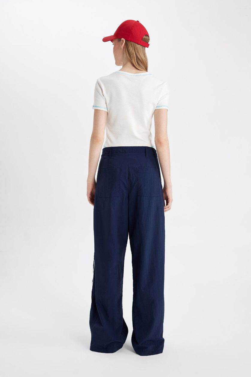 Kadın Lacivert Wide Leg Geniş Bol Paça Normal Bel Palazzo Pantolon Cepli Şerit Detaylı