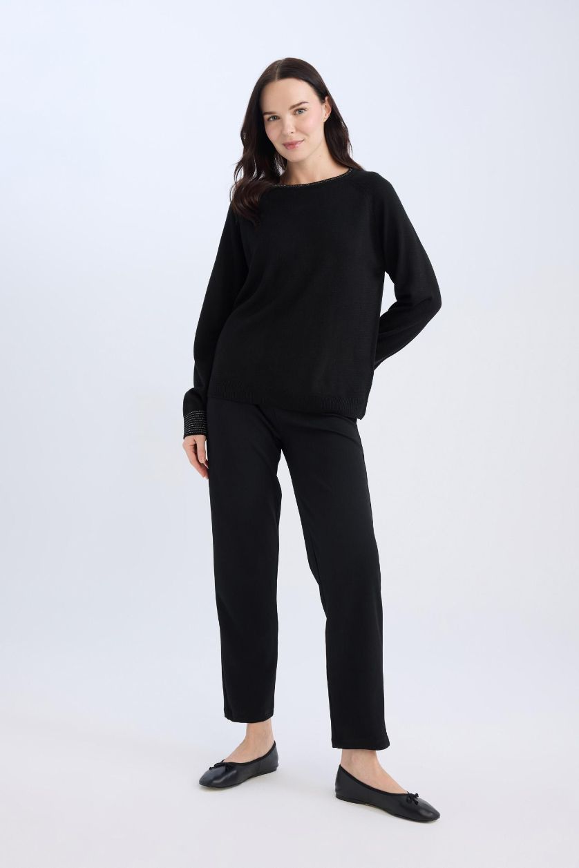 Kadın Siyah Pantolon Straight Fit Lastikli Bel Piliseli Basic Düz