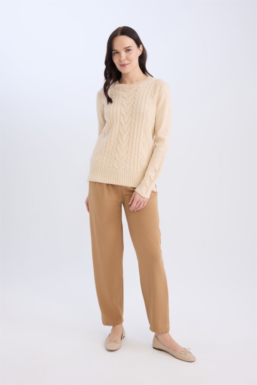 Kadın Açık Camel Pantolon Straight Fit Lastikli Bel Piliseli Basıc